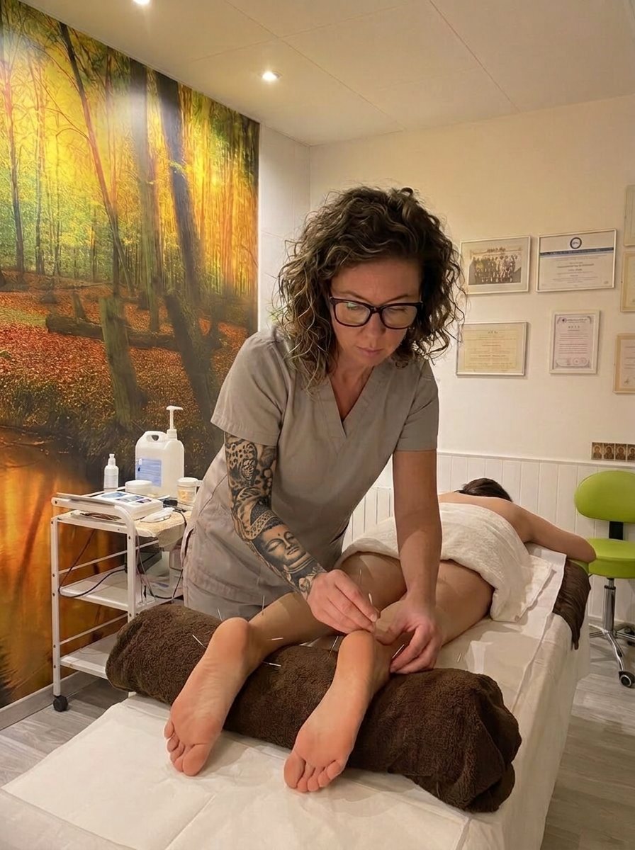 Marga realizando una sesión de acupuntura